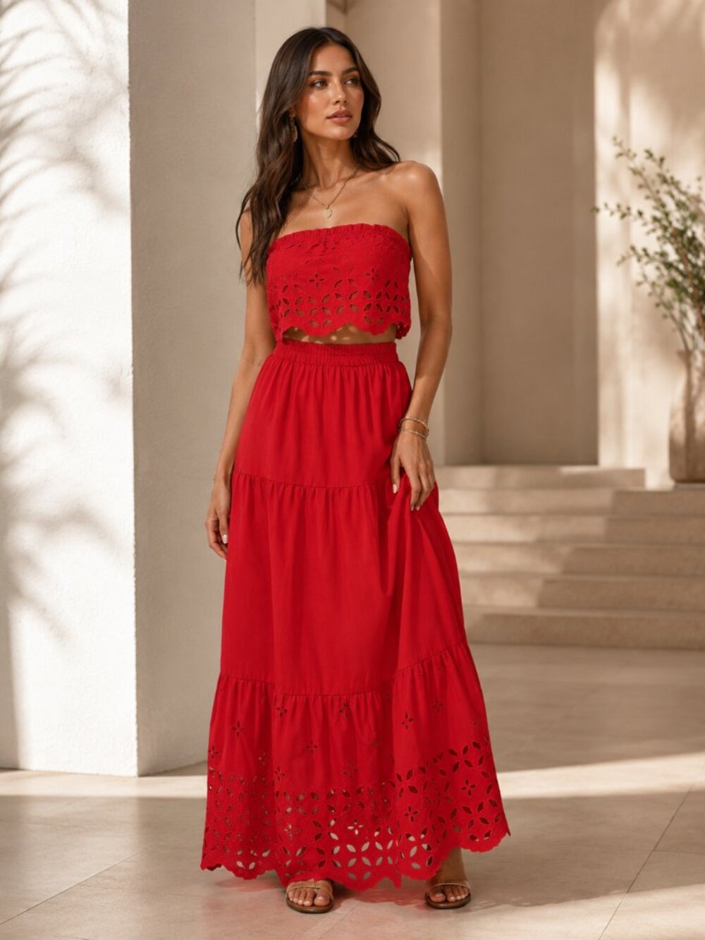 52- NEW Women’s Red Eyelet Strapless‎ Crop Top & Tiered Maxi Skirt 2-Piece Set